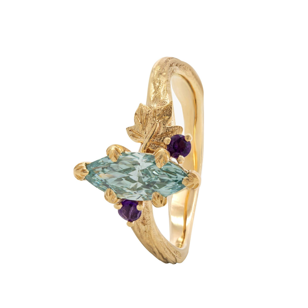 14K Yellow Gold 1ct Marquise Lab Diamond Wavy Ring – Art Nouveau Nature - Inspired Bark Texture Design - FIORESE JEWELRY