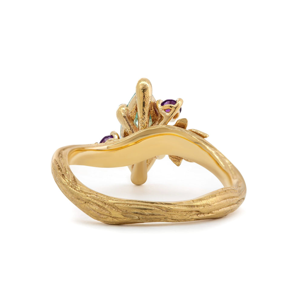14K Yellow Gold 1ct Marquise Lab Diamond Wavy Ring – Art Nouveau Nature - Inspired Bark Texture Design - FIORESE JEWELRY
