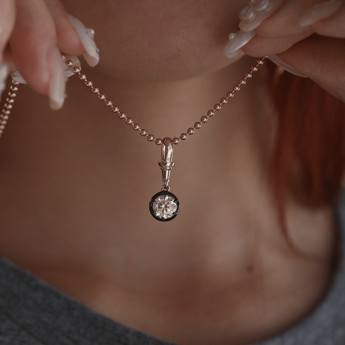 14K Yellow Gold 1ct Round Lab Diamond Pendant Necklace with Black Rhodium Plated Bezel