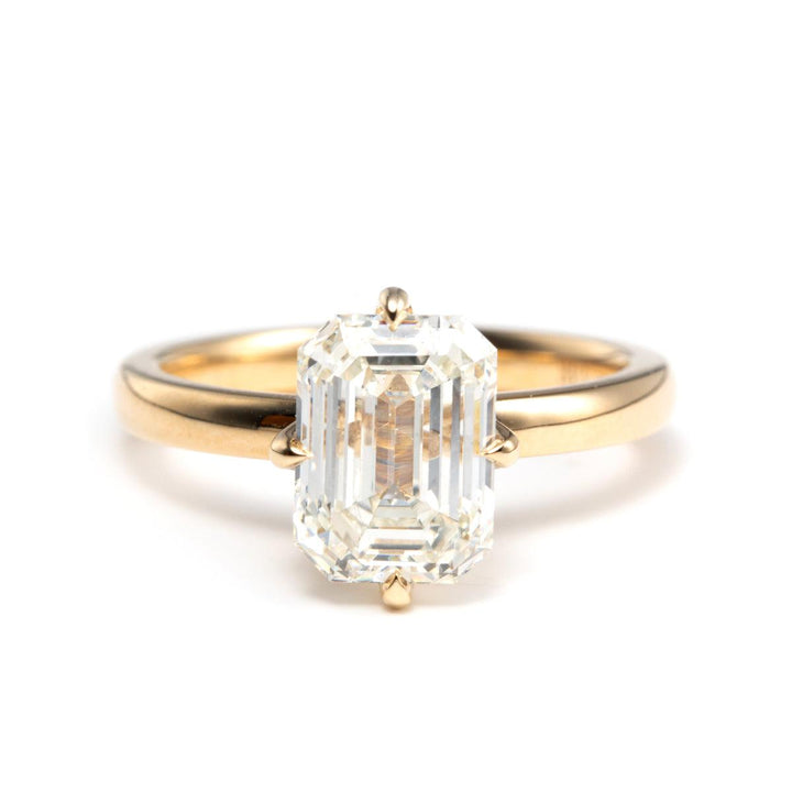 14K Yellow Gold 2 Carat Solitaire Diamond Ring with Emerald Cut Lab Diamond and Floral Prong Setting - FIORESE JEWELRY