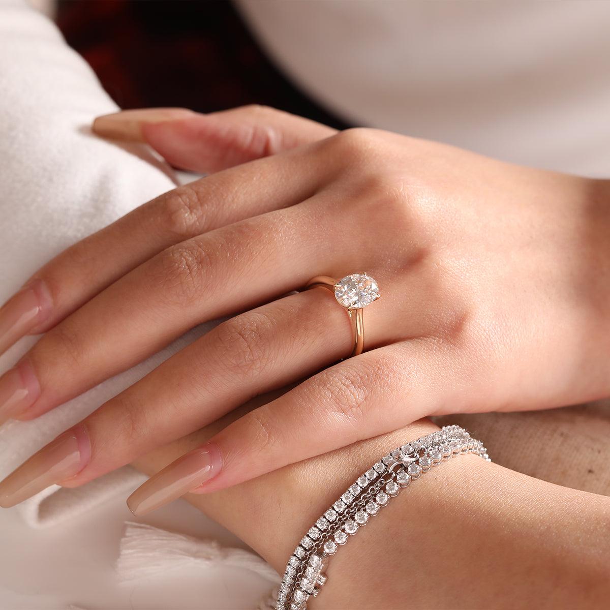 14K Yellow Gold 2 Carat Solitaire Diamond Ring with Oval Cut Lab Diamond Cathedral Setting - FIORESE JEWELRY