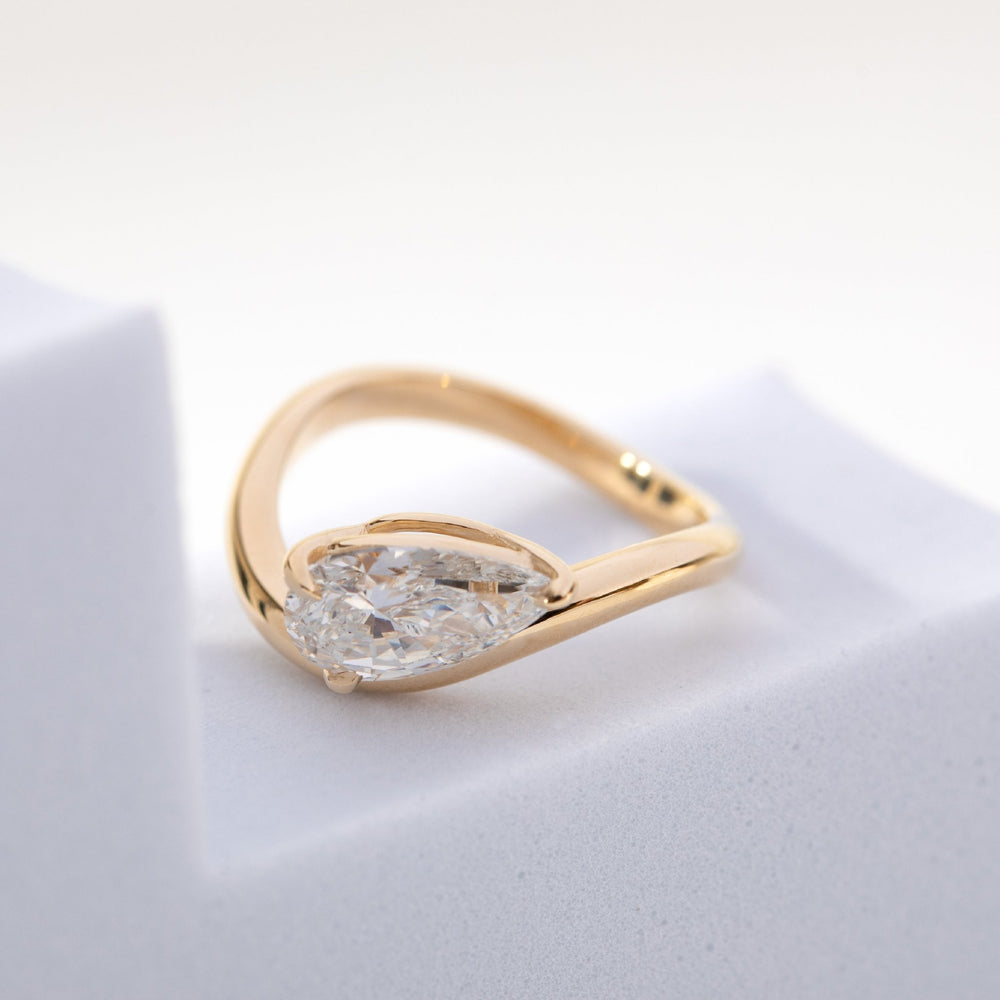 14K Yellow Gold 2 Carat Solitaire Diamond Ring with Pear Cut Lab Diamond and Wave Design - FIORESE JEWELRY