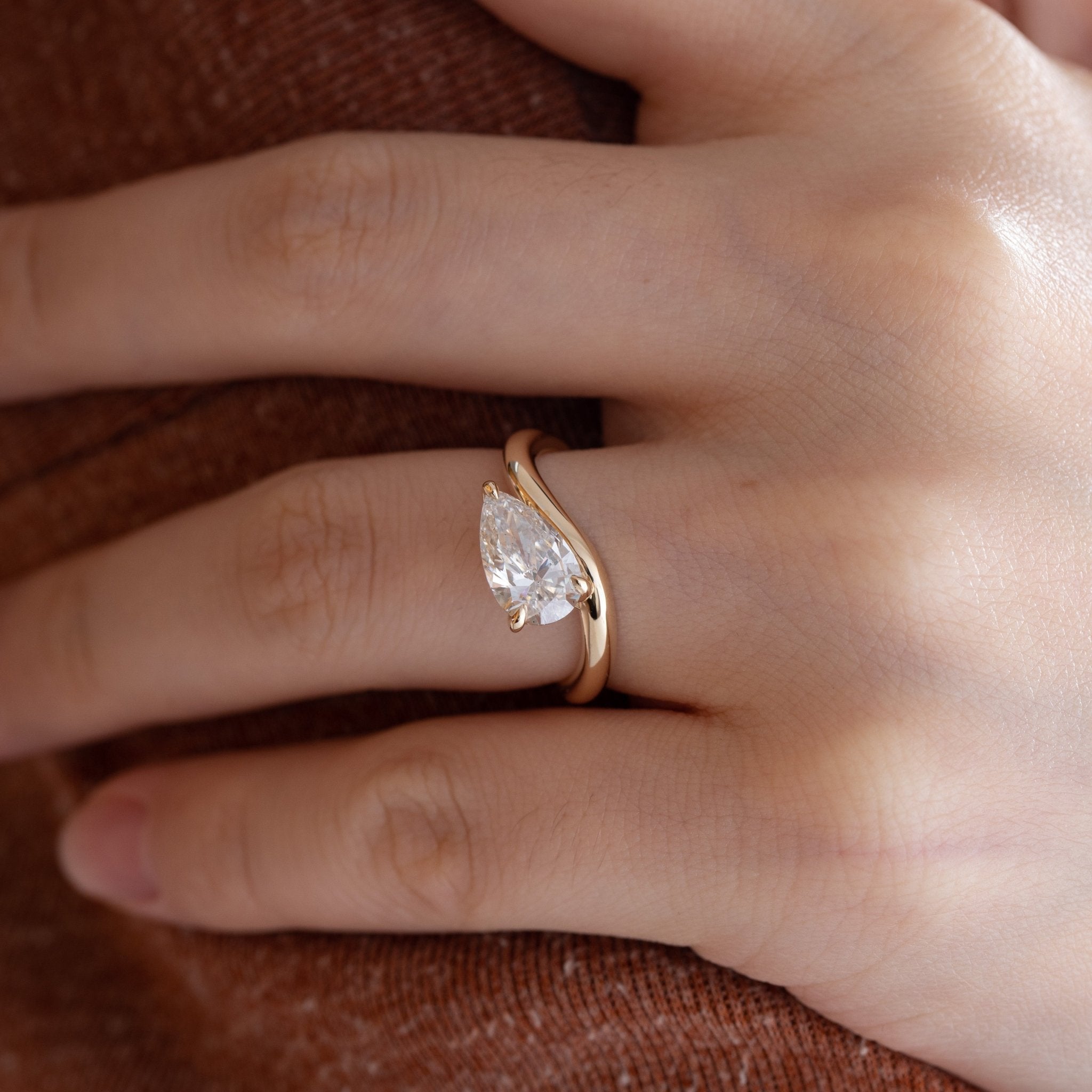 14K Yellow Gold 2 Carat Solitaire Diamond Ring with Pear Cut Lab Diamond and Wave Design - FIORESE JEWELRY