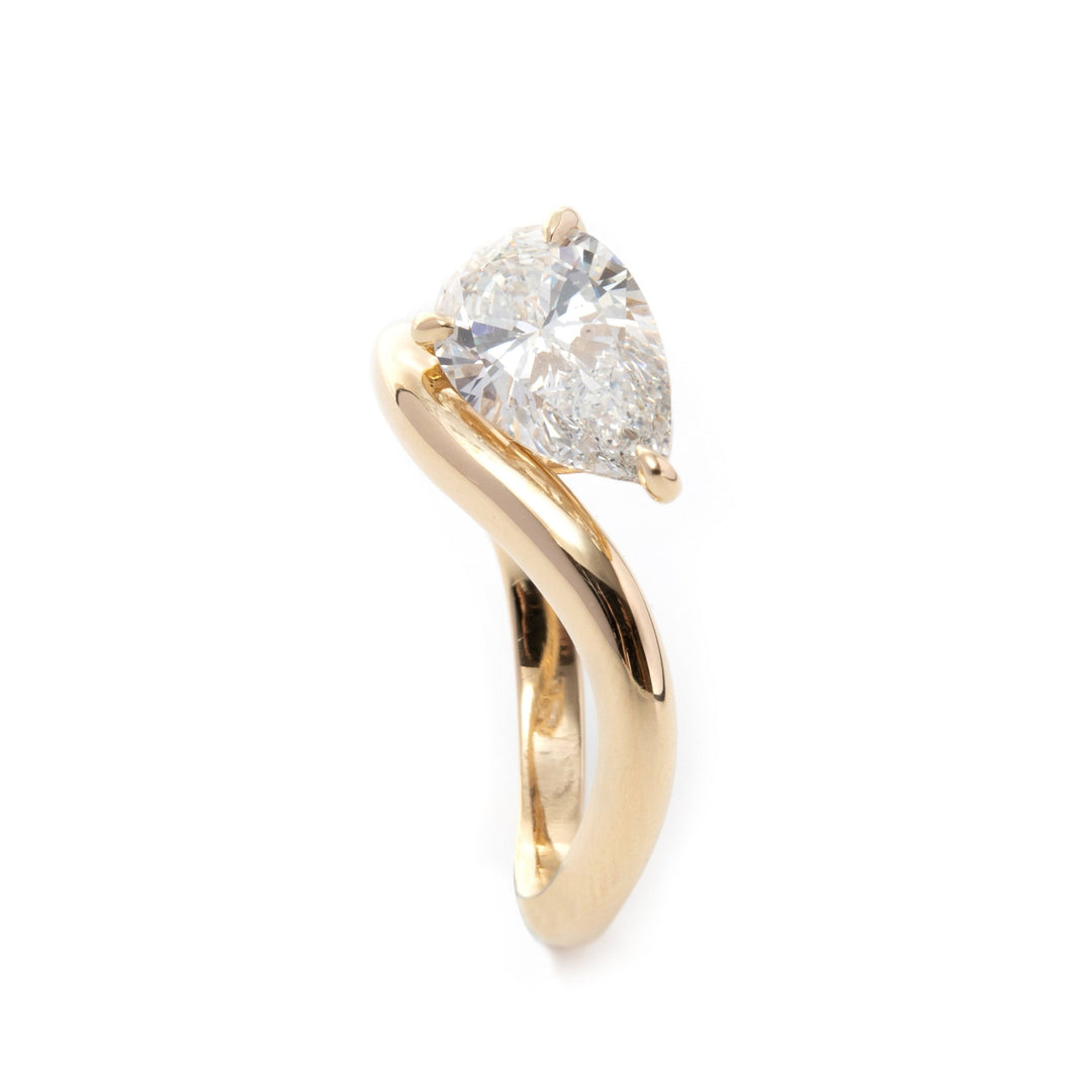14K Yellow Gold 2 Carat Solitaire Diamond Ring with Pear Cut Lab Diamond and Wave Design - FIORESE JEWELRY