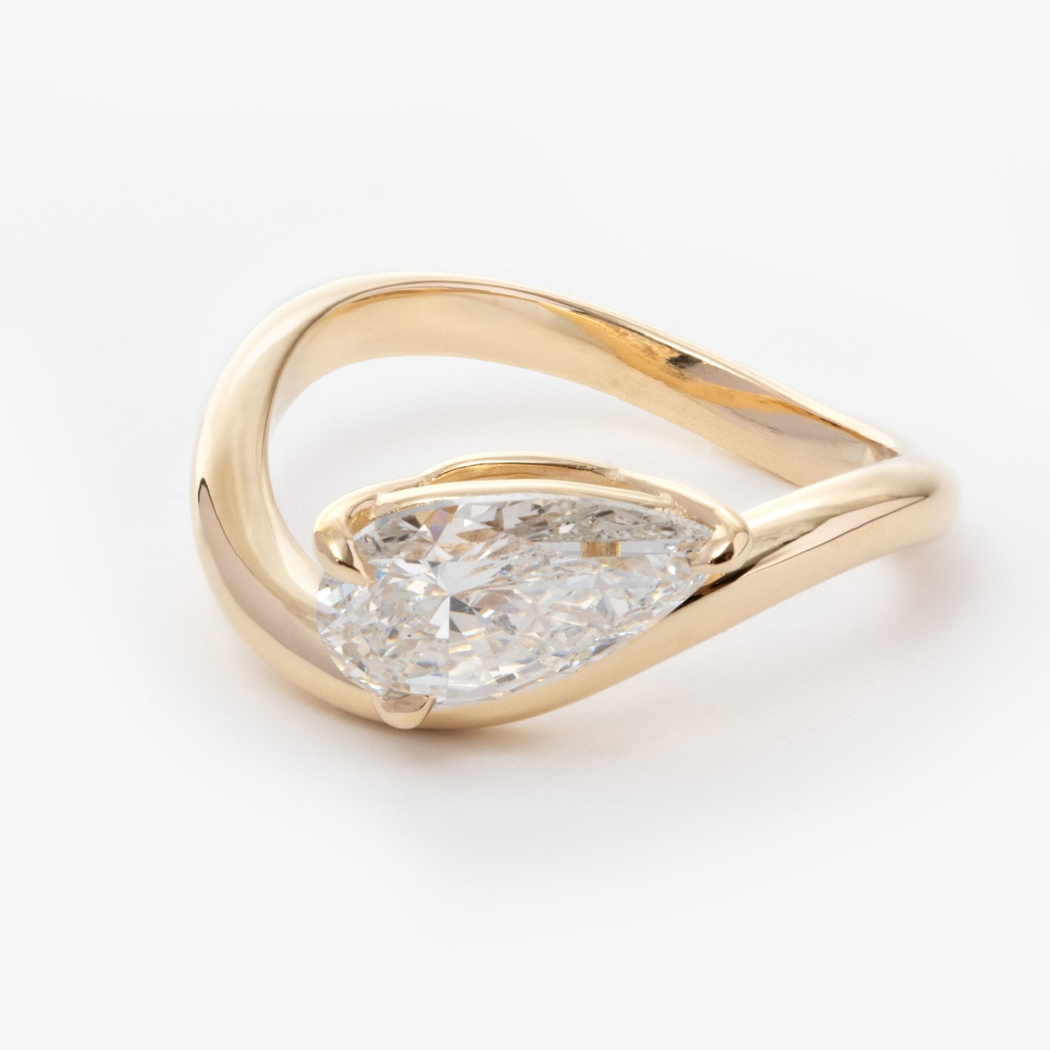14K Yellow Gold 2 Carat Solitaire Diamond Ring with Pear Cut Lab Diamond and Wave Design - FIORESE JEWELRY