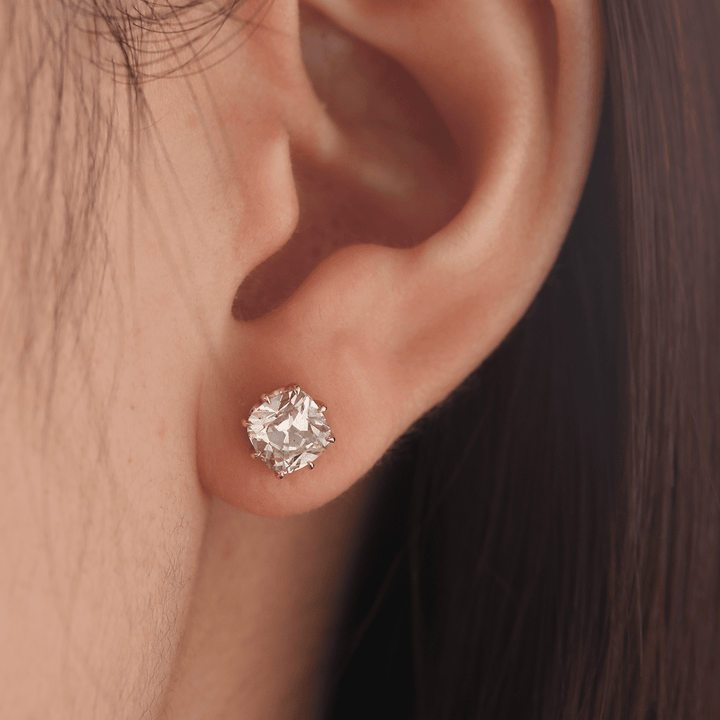 14K Yellow Gold 2 ct tw Old Mine Cut Lab Diamond 8 Claw Crown Basket Stud Earrings - FIORESE JEWELRY