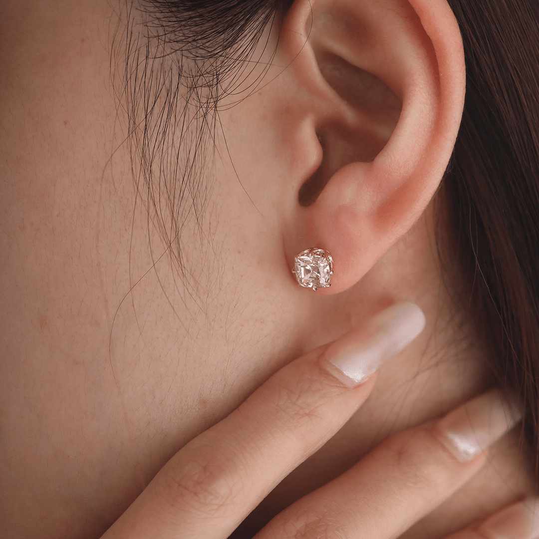 14K Yellow Gold 2 ct tw Old Mine Cut Lab Diamond 8 Claw Crown Basket Stud Earrings - FIORESE JEWELRY
