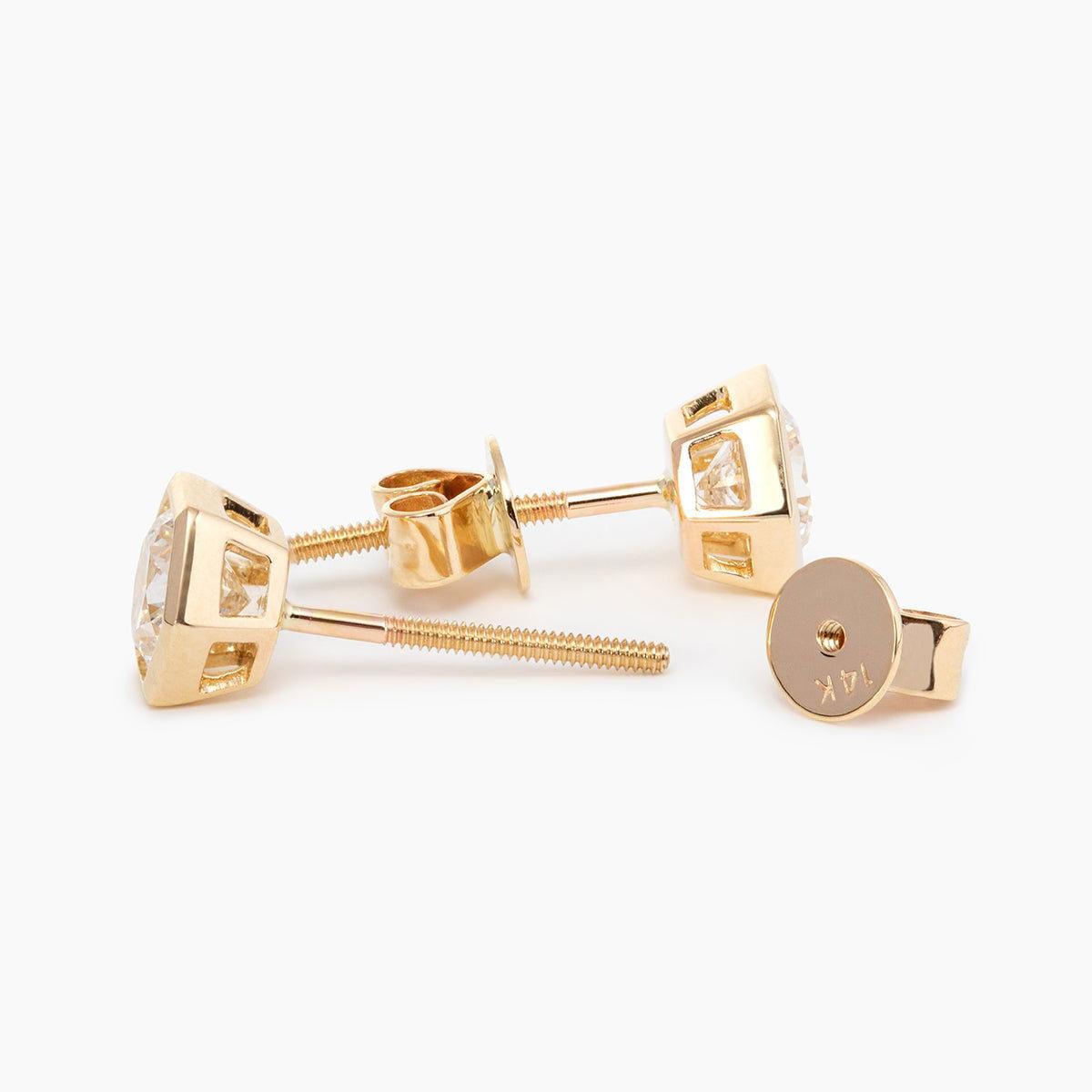 14K Yellow Gold 2 ct tw Round Brilliant Cut Lab Diamond Hexagon Bezel Setting Stud Earrings