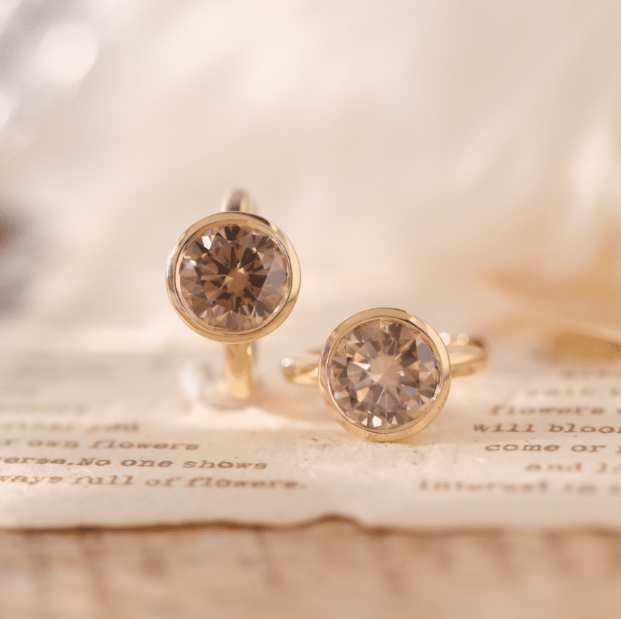 14K Yellow Gold 2 ct tw Round Brown Lab Diamond Bezel Huggie Earrings - FIORESE JEWELRY