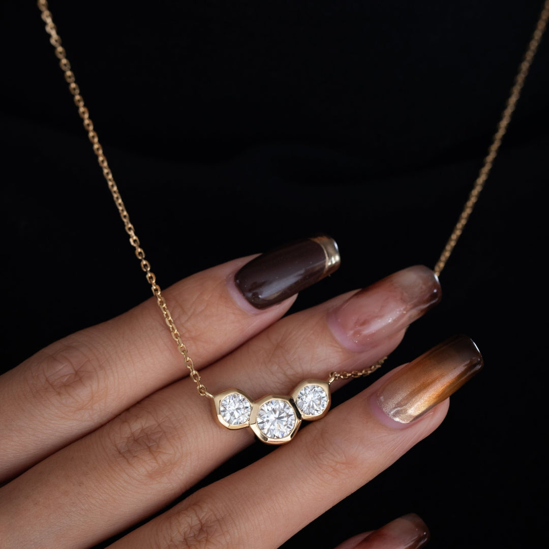14K Yellow Gold 2 ct tw Round Lab Diamond Three - stone Bezel Pendant Necklace (FG Color, VS Clarity) - FIORESE JEWELRY