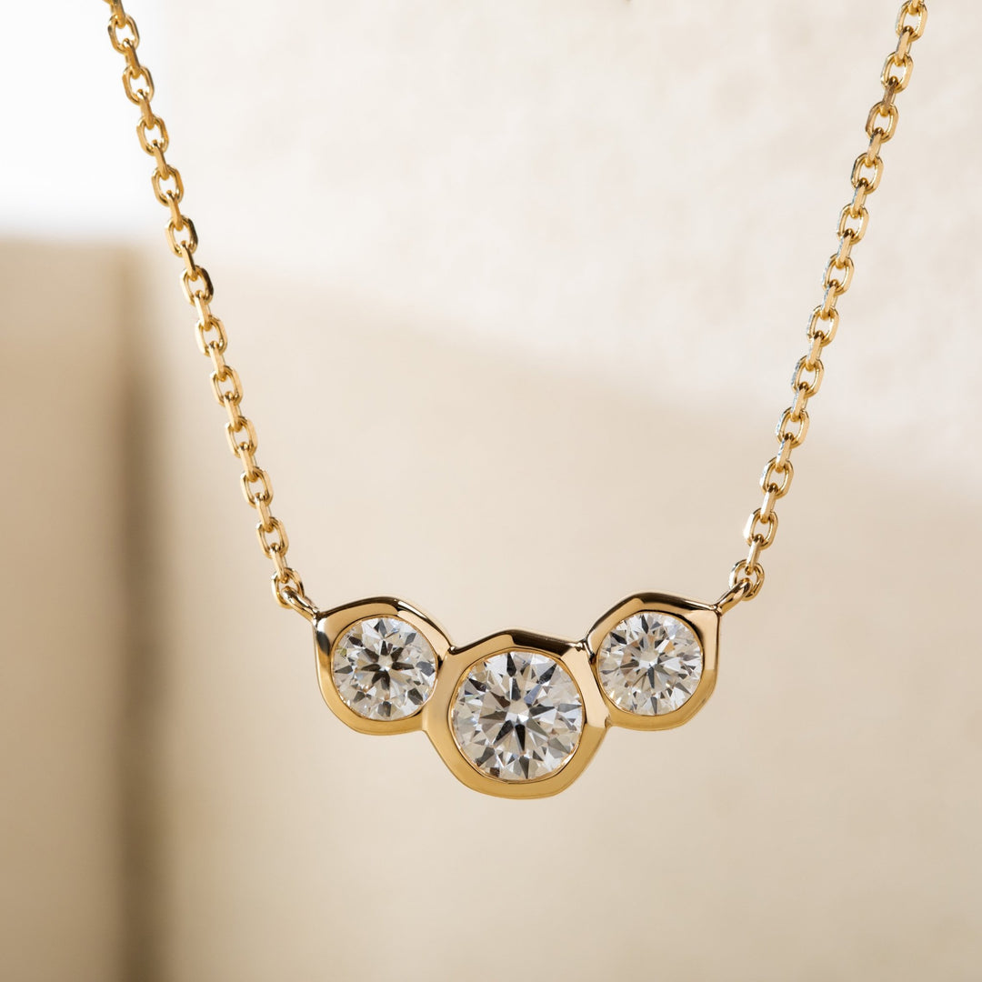 14K Yellow Gold 2 ct tw Round Lab Diamond Three - stone Bezel Pendant Necklace (FG Color, VS Clarity) - FIORESE JEWELRY