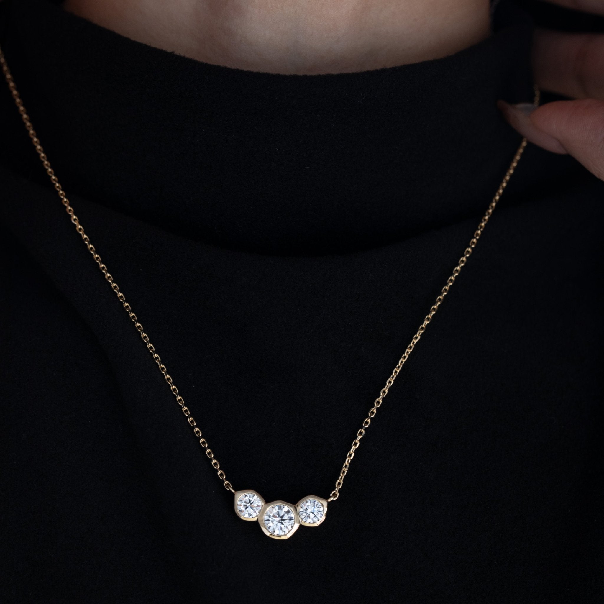 14K Yellow Gold 2 ct tw Round Lab Diamond Three - stone Bezel Pendant Necklace (FG Color, VS Clarity) - FIORESE JEWELRY