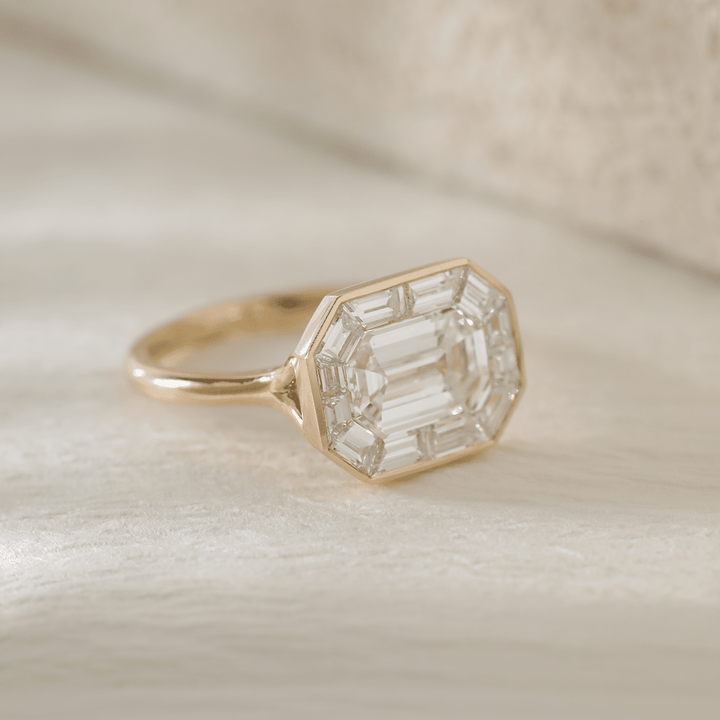 14K Yellow Gold 2.5ct Antique Emerald Cut Lab Diamond Ring with Tapered Step Cut Lab Diamond Halo - FIORESE JEWELRY