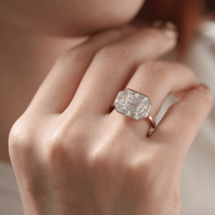 14K Yellow Gold 2.5ct Antique Emerald Cut Lab Diamond Ring with Tapered Step Cut Lab Diamond Halo - FIORESE JEWELRY