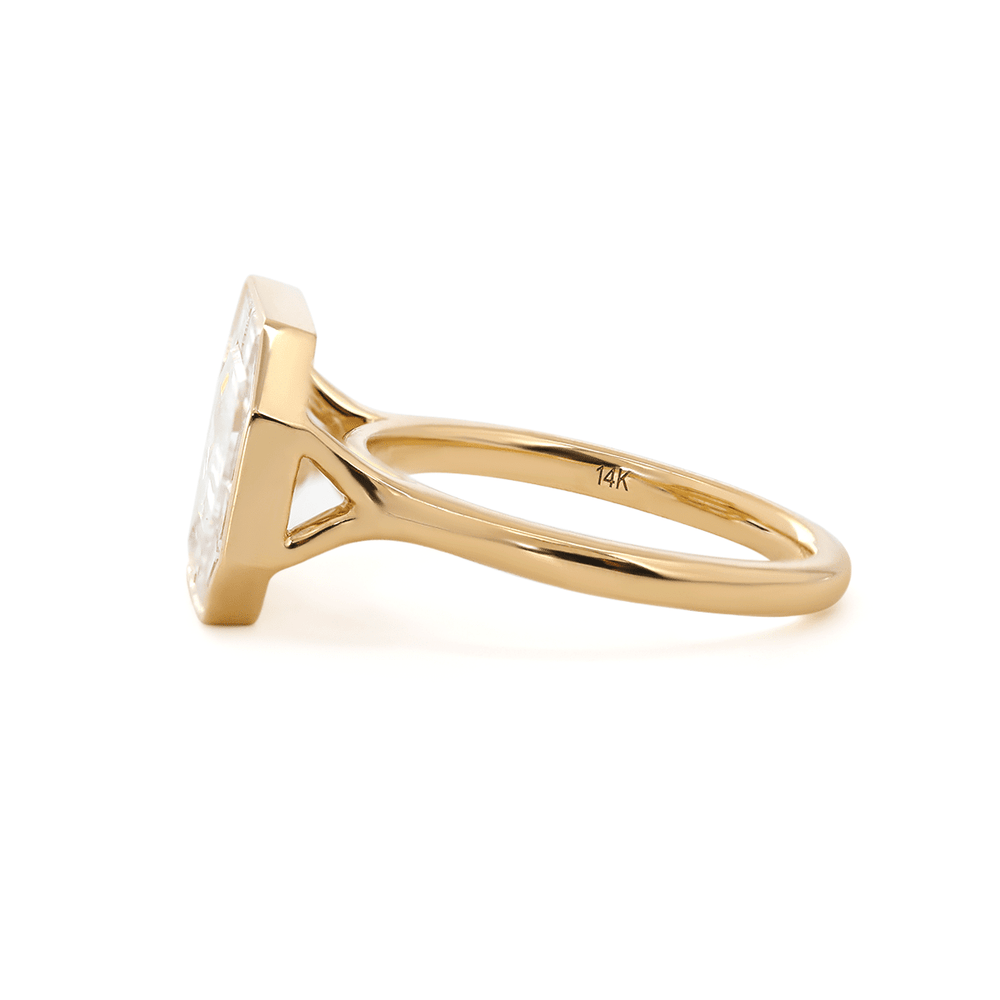 14K Yellow Gold 2.5ct Antique Emerald Cut Lab Diamond Ring with Tapered Step Cut Lab Diamond Halo - FIORESE JEWELRY
