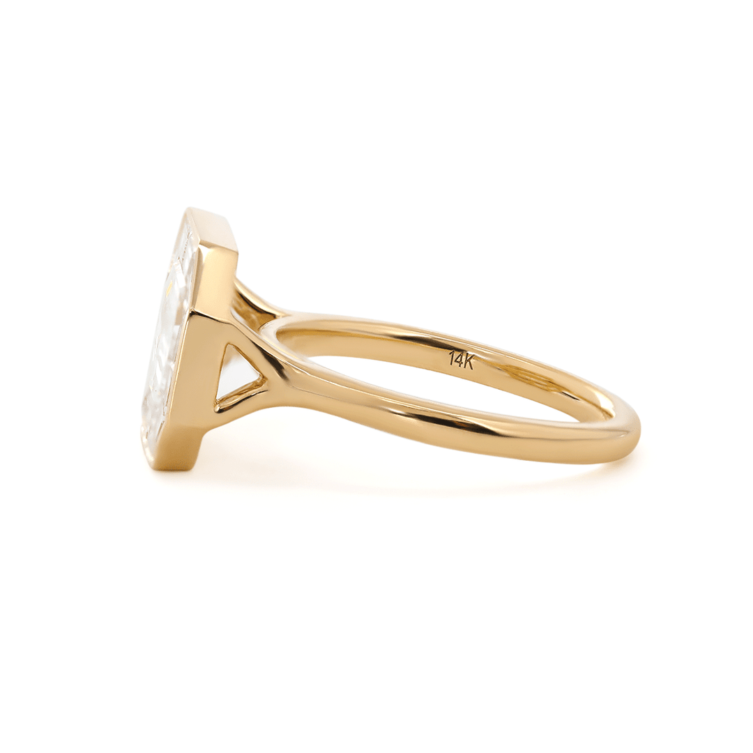 14K Yellow Gold 2.5ct Antique Emerald Cut Lab Diamond Ring with Tapered Step Cut Lab Diamond Halo - FIORESE JEWELRY