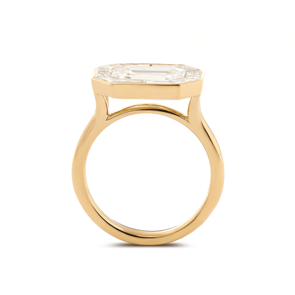 14K Yellow Gold 2.5ct Antique Emerald Cut Lab Diamond Ring with Tapered Step Cut Lab Diamond Halo - FIORESE JEWELRY