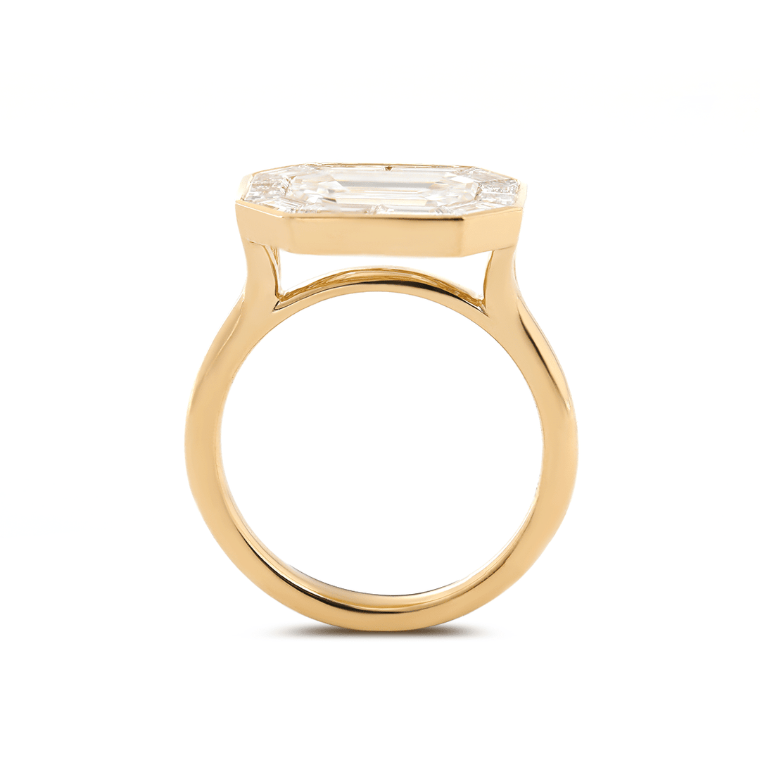 14K Yellow Gold 2.5ct Antique Emerald Cut Lab Diamond Ring with Tapered Step Cut Lab Diamond Halo - FIORESE JEWELRY