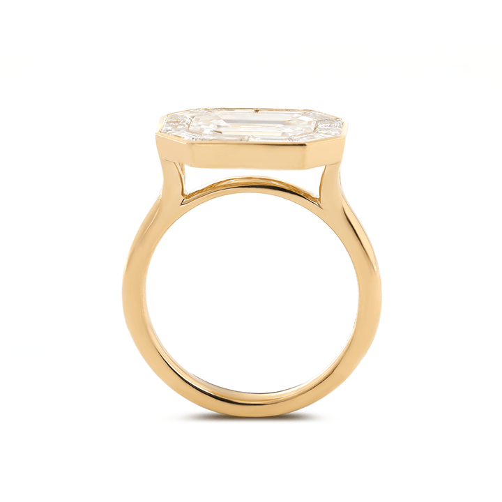 14K Yellow Gold 2.5ct Antique Emerald Cut Lab Diamond Ring with Tapered Step Cut Lab Diamond Halo - FIORESE JEWELRY