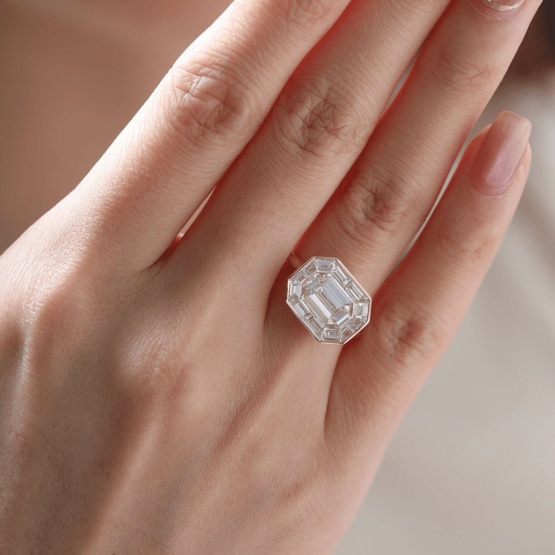14K Yellow Gold 2.5ct Antique Emerald Cut Lab Diamond Ring with Tapered Step Cut Lab Diamond Halo - FIORESE JEWELRY