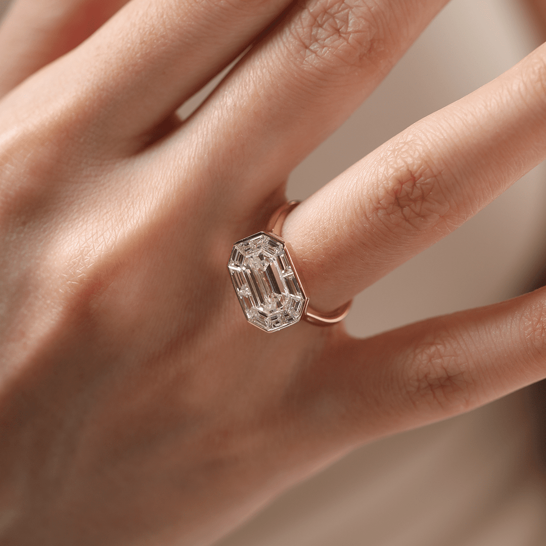 14K Yellow Gold 2.5ct Antique Emerald Cut Lab Diamond Ring with Tapered Step Cut Lab Diamond Halo - FIORESE JEWELRY