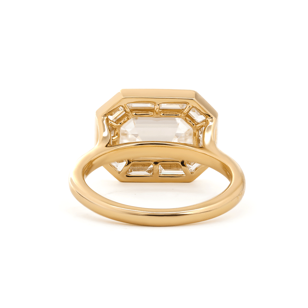 14K Yellow Gold 2.5ct Antique Emerald Cut Lab Diamond Ring with Tapered Step Cut Lab Diamond Halo - FIORESE JEWELRY