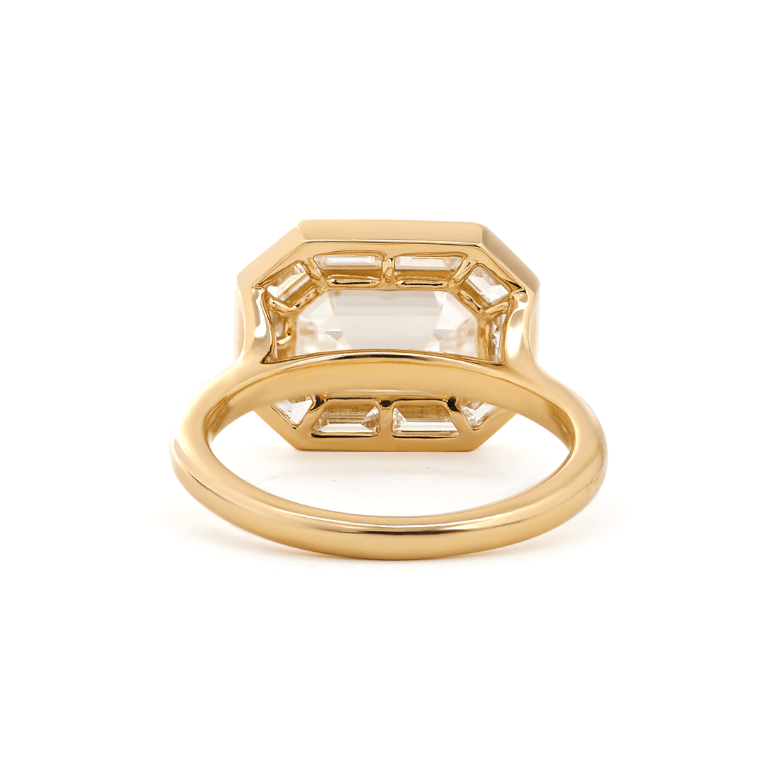 14K Yellow Gold 2.5ct Antique Emerald Cut Lab Diamond Ring with Tapered Step Cut Lab Diamond Halo - FIORESE JEWELRY