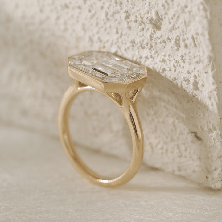 14K Yellow Gold 2.5ct Antique Emerald Cut Lab Diamond Ring with Tapered Step Cut Lab Diamond Halo - FIORESE JEWELRY