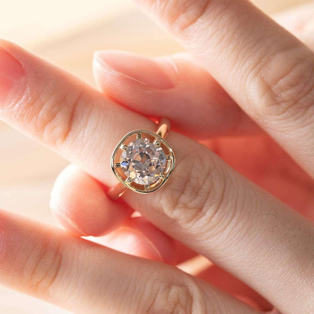 14K Yellow Gold 2.5ct Antique Old Mine Cut Diamond Basket Setting Ring with Smooth Ring Cut Design - FIORESE JEWELRY