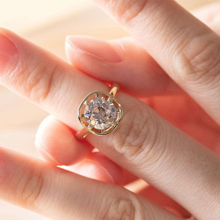 14K Yellow Gold 2.5ct Antique Old Mine Cut Diamond Basket Setting Ring with Smooth Ring Cut Design - FIORESE JEWELRY