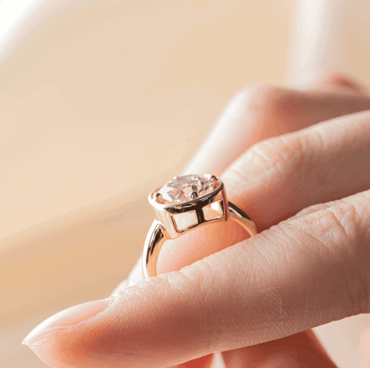 14K Yellow Gold 2.5ct Antique Old Mine Cut Diamond Basket Setting Ring with Smooth Ring Cut Design - FIORESE JEWELRY