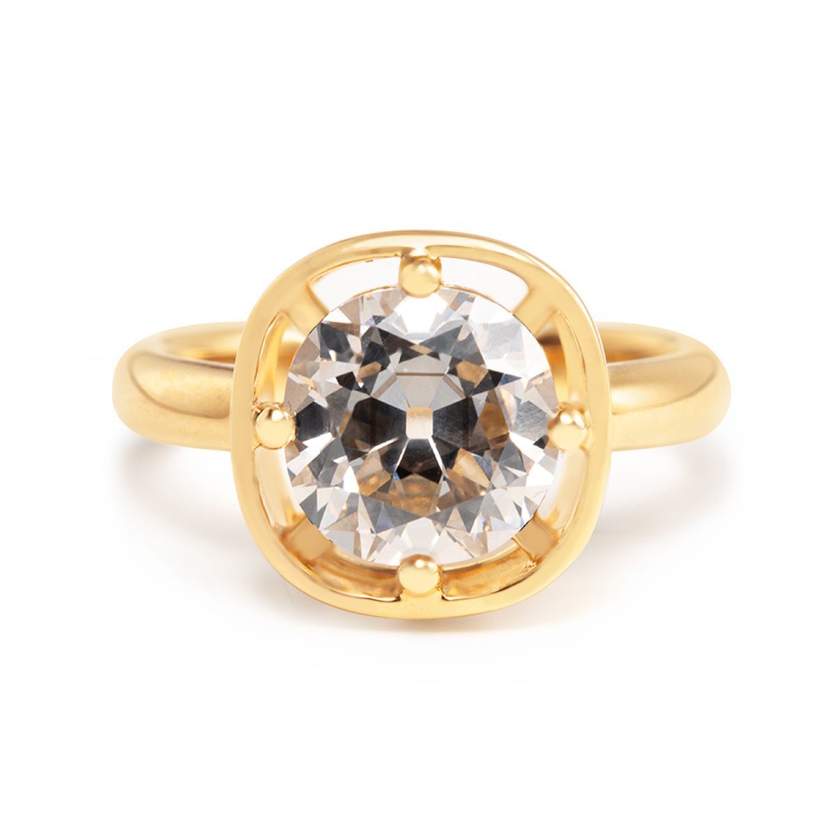 14K Yellow Gold 2.5ct Antique Old Mine Cut Diamond Basket Setting Ring with Smooth Ring Cut Design - FIORESE JEWELRY