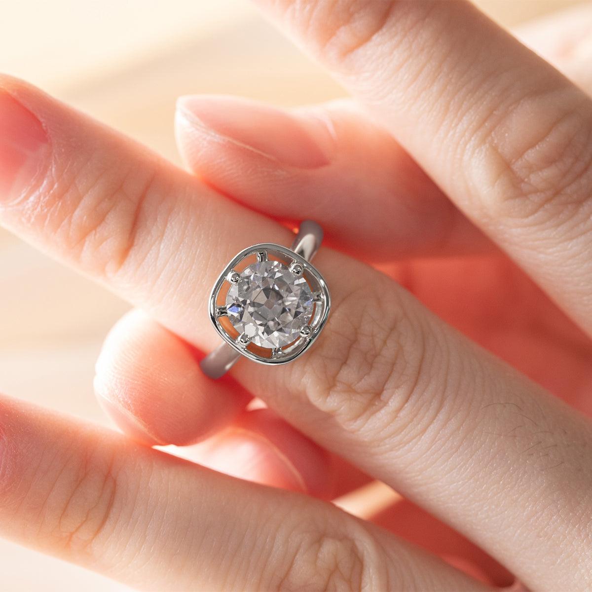 14K Yellow Gold 2.5ct Antique Old Mine Cut Diamond Basket Setting Ring with Smooth Ring Cut Design - FIORESE JEWELRY