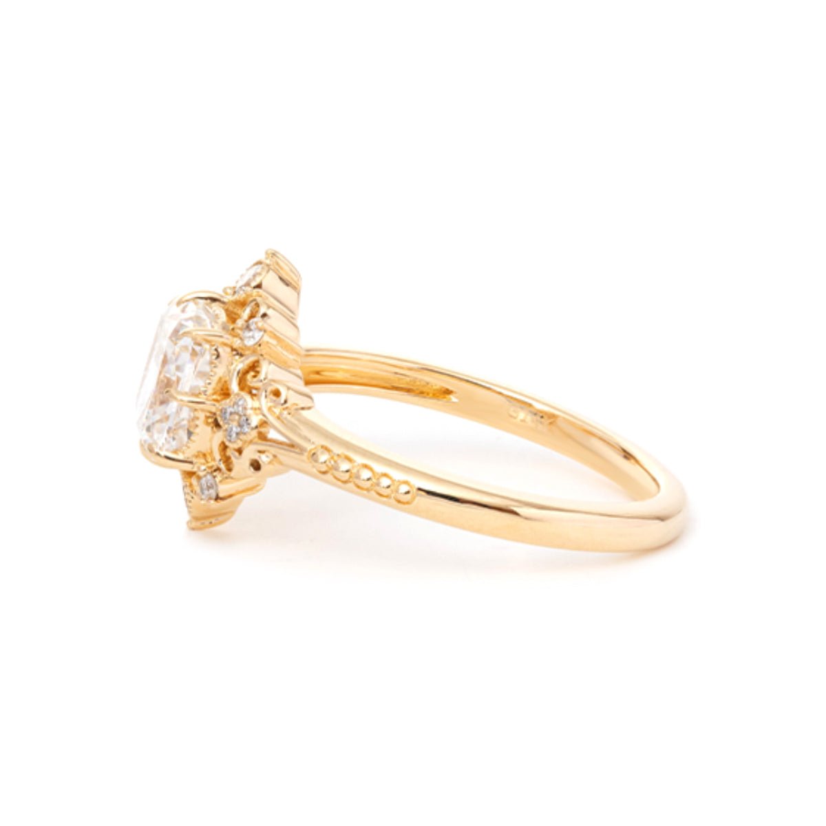 14K Yellow Gold 2.5ct Elongated Cushion Cut Lab Diamond Victoran-Style Ring with Floral Motifs