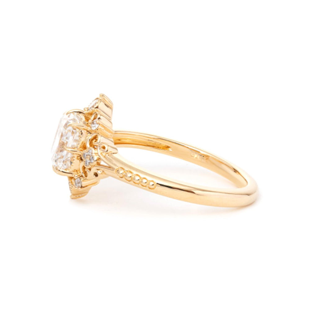 14K Yellow Gold 2.5ct Elongated Cushion Cut Lab Diamond Victoran - Style Ring with Floral Motifs - FIORESE JEWELRY