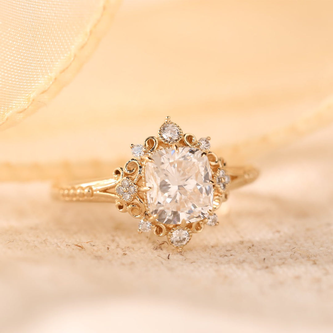 14K Yellow Gold 2.5ct Elongated Cushion Cut Lab Diamond Victoran - Style Ring with Floral Motifs - FIORESE JEWELRY
