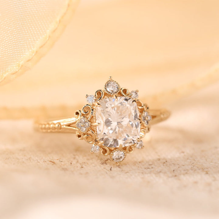 14K Yellow Gold 2.5ct Elongated Cushion Cut Lab Diamond Victoran - Style Ring with Floral Motifs - FIORESE JEWELRY