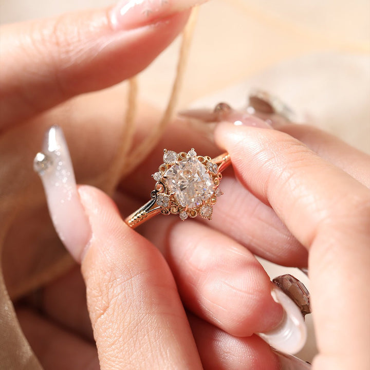 14K Yellow Gold 2.5ct Elongated Cushion Cut Lab Diamond Victoran - Style Ring with Floral Motifs - FIORESE JEWELRY