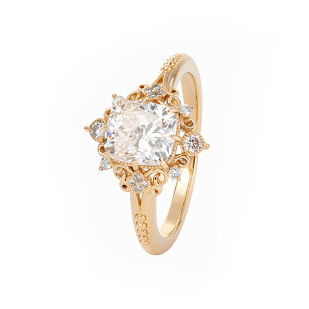 14K Yellow Gold 2.5ct Elongated Cushion Cut Lab Diamond Victoran - Style Ring with Floral Motifs - FIORESE JEWELRY