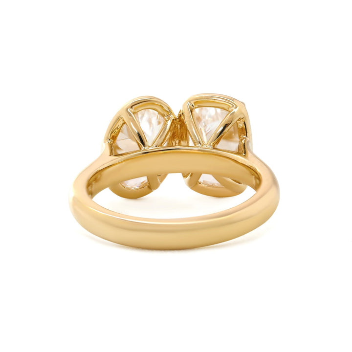 14K Yellow Gold 2.5ct Elongated Old Mine Cut and 2ct Oval Old Mine Cut Lab Diamond Prong Bezel Toi et Moi Ring - FIORESE JEWELRY