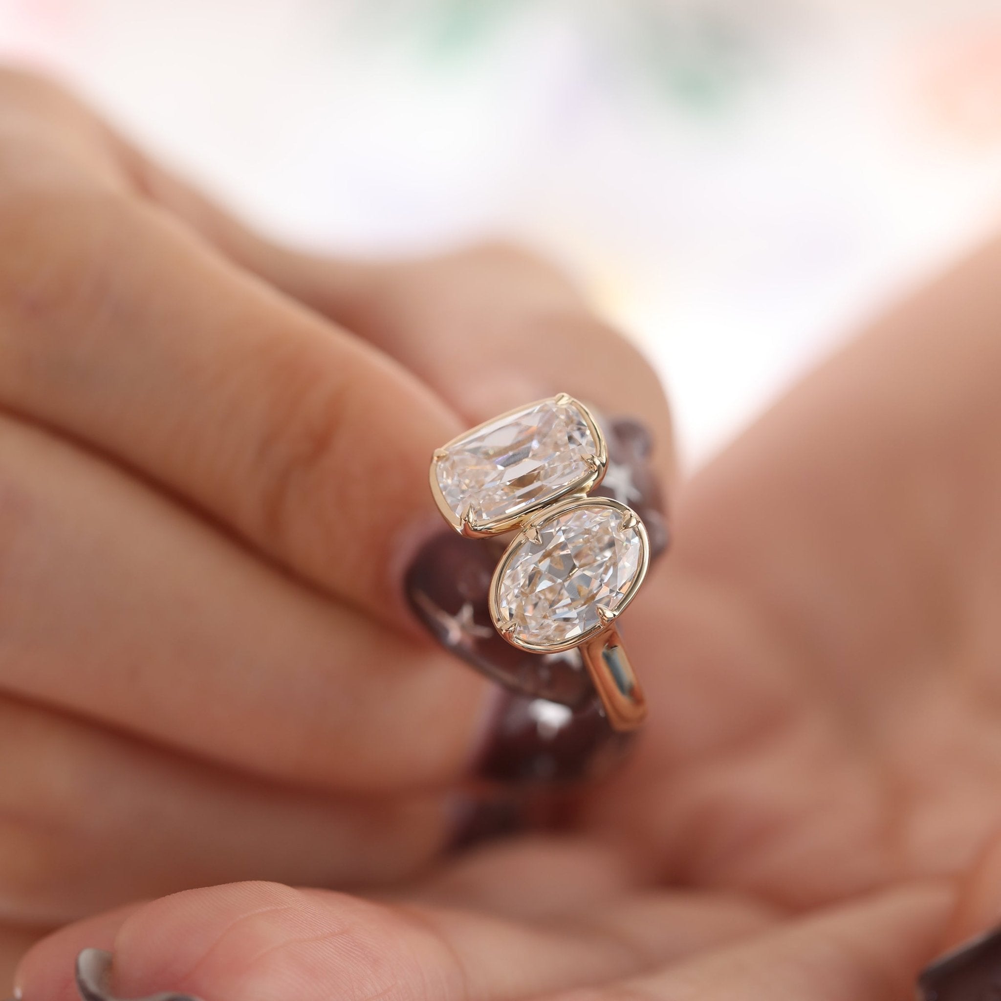 14K Yellow Gold 2.5ct Elongated Old Mine Cut and 2ct Oval Old Mine Cut Lab Diamond Prong Bezel Toi et Moi Ring