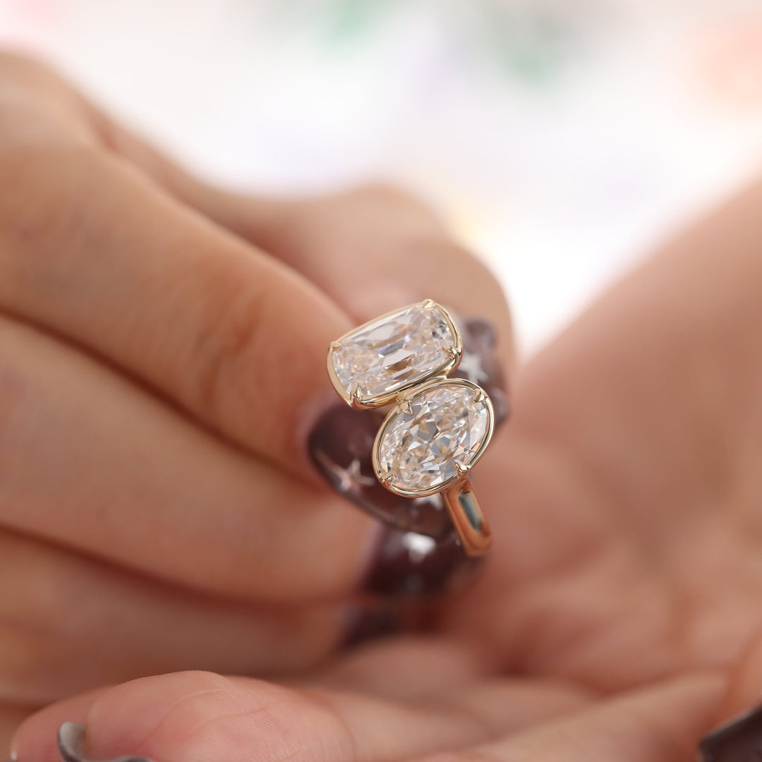 14K Yellow Gold 2.5ct Elongated Old Mine Cut and 2ct Oval Old Mine Cut Lab Diamond Prong Bezel Toi et Moi Ring - FIORESE JEWELRY