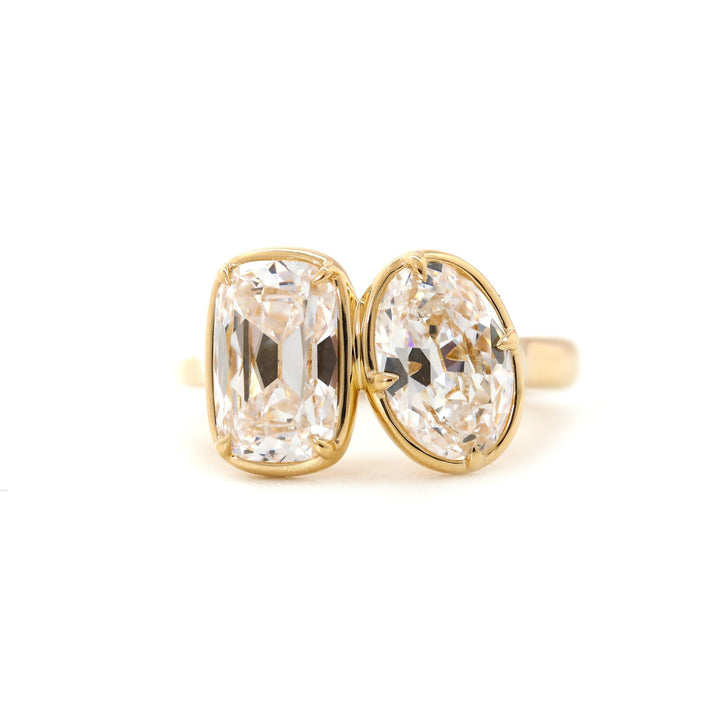 14K Yellow Gold 2.5ct Elongated Old Mine Cut and 2ct Oval Old Mine Cut Lab Diamond Prong Bezel Toi et Moi Ring - FIORESE JEWELRY
