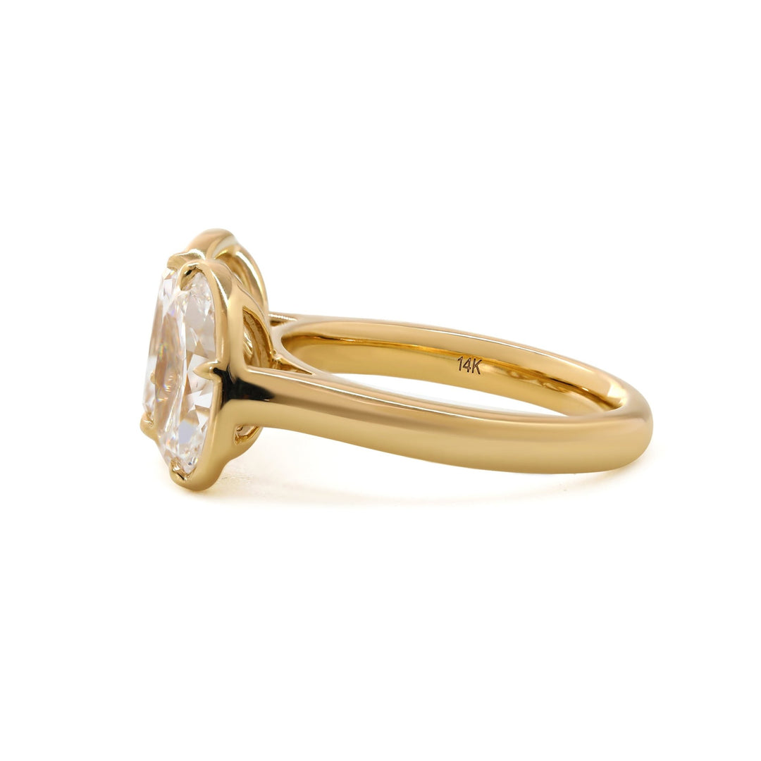 14K Yellow Gold 2.5ct Elongated Old Mine Cut and 2ct Oval Old Mine Cut Lab Diamond Prong Bezel Toi et Moi Ring - FIORESE JEWELRY