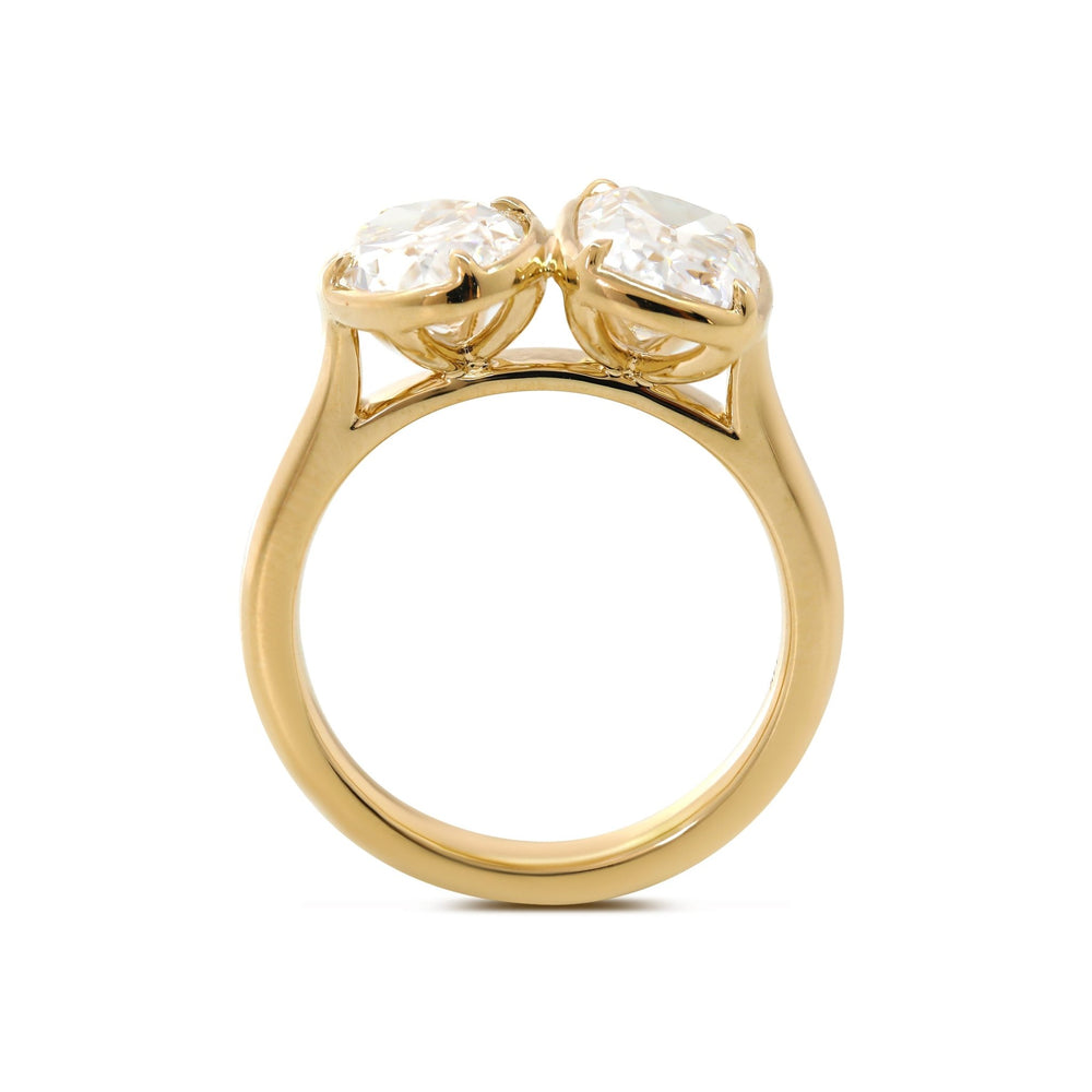 14K Yellow Gold 2.5ct Elongated Old Mine Cut and 2ct Oval Old Mine Cut Lab Diamond Prong Bezel Toi et Moi Ring - FIORESE JEWELRY