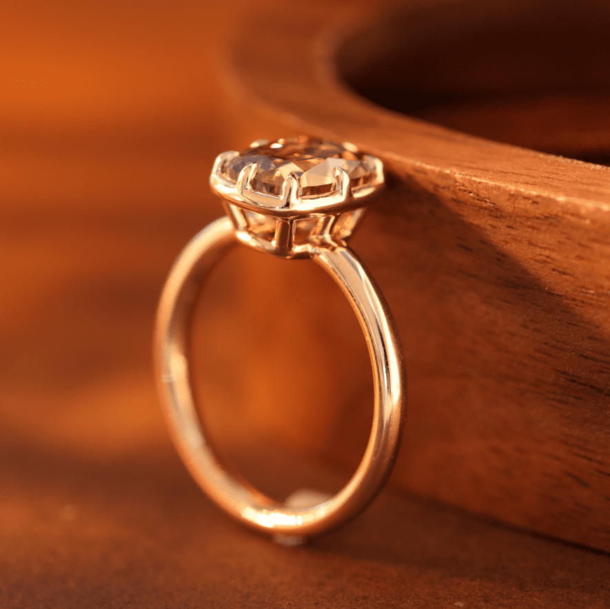 14K Yellow Gold 2.5ct Elongated Old Mine Cut Brown Lab Diamond 8 Claw Prongs Basket Solitaire Ring - FIORESE JEWELRY