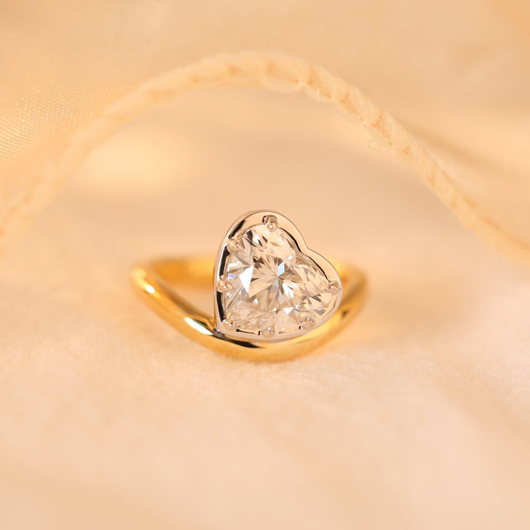 14K Yellow Gold 2.5ct Heart Shaped Lab Diamond Ring with White Gold Bezel and Wave Band - FIORESE JEWELRY