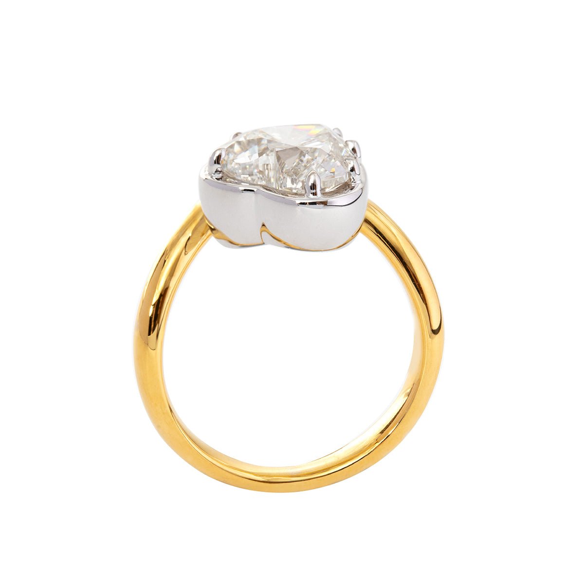 14K Yellow Gold 2.5ct Heart Shaped Lab Diamond Ring with White Gold Bezel and Wave Band