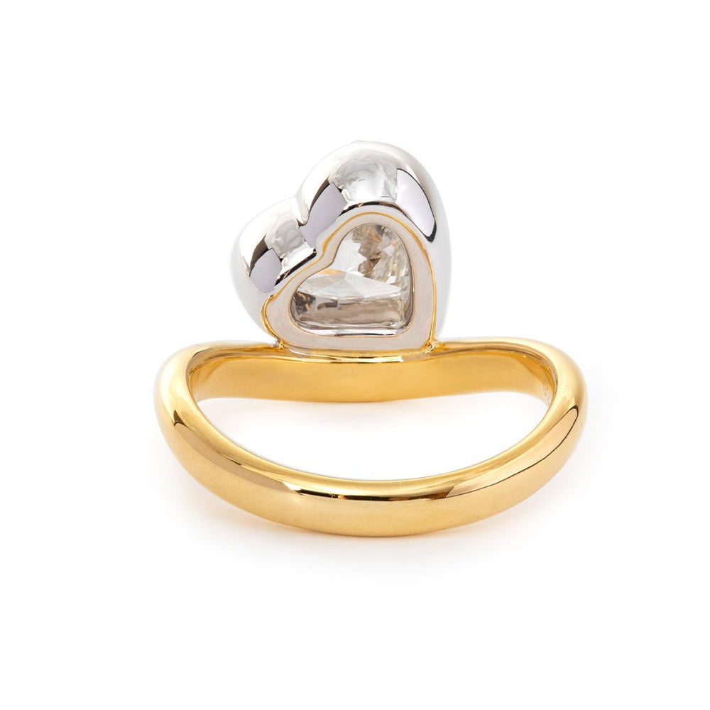14K Yellow Gold 2.5ct Heart Shaped Lab Diamond Ring with White Gold Bezel and Wave Band - FIORESE JEWELRY