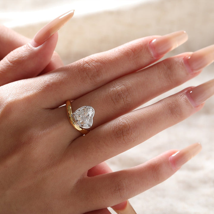 14K Yellow Gold 2.5ct Heart Shaped Lab Diamond Ring with White Gold Bezel and Wave Band - FIORESE JEWELRY